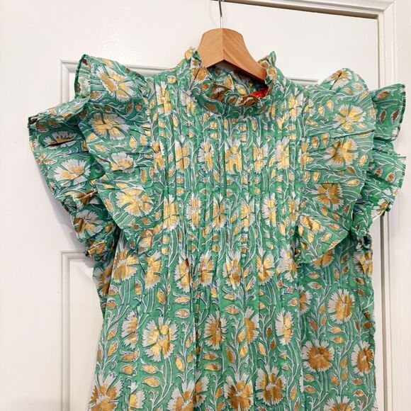 NWOT Oliphant Pintuck Floral Ruffle Top Block Print Green Size Small $188.00 - Picture 5 of 9